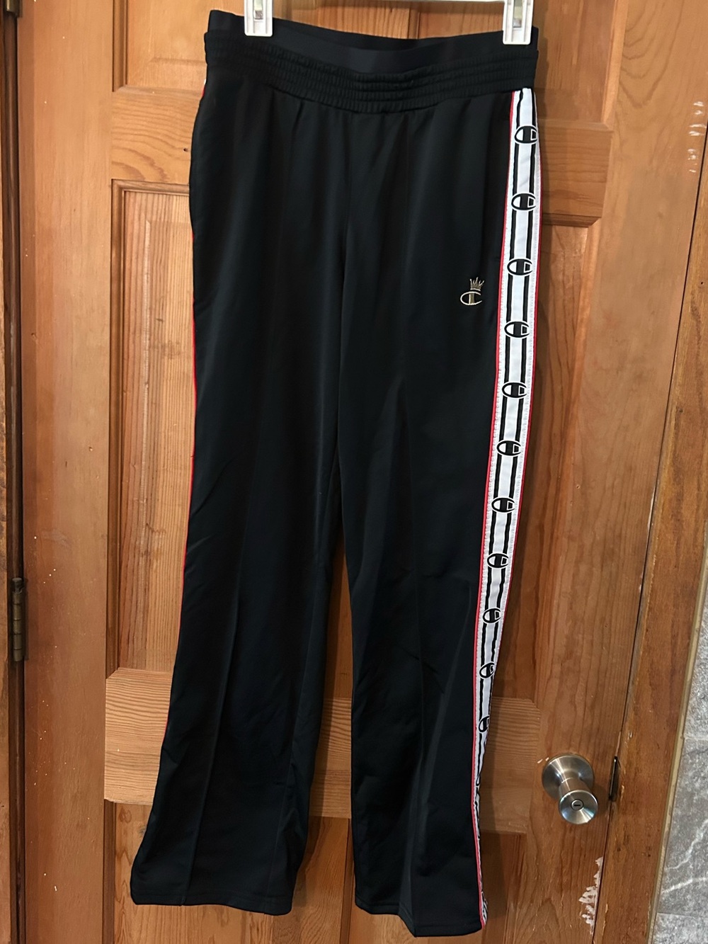 Champion Women’s Black Track Pants with White & Red Side Tape